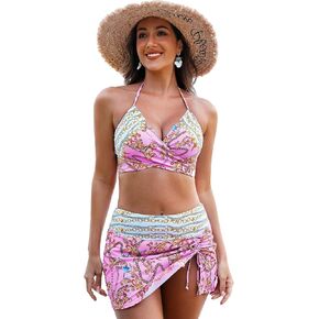 Herseas Womens Floral Bikini Sets Two Piece Tummy Control Swimsuit Halter Wrap V Neck Top Split Skirted Bathing Suit Large Pink in Saudi Arabia