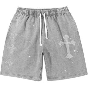 Fkatuzi الرجال المسيحية الإيمان حجر الراين الصليب الرسم Y2k السراويل الصالة الرياضية تجريب حمض رياضي غسل السراويل الشارع الشهير القطن in Kuwait