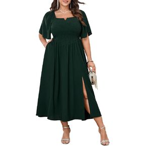 Plus Size Maxi Dress for Women Short Sleeve Elegant Square Neck Smocked A Line Pockets Side Slit Flowy Long Dresses in Kuwait