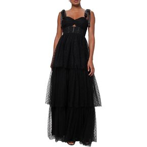 فستان طويل منقط سويسري من Lulus Billie للنساء، فستان رسمي أسود على شكل حرف A in Kuwait