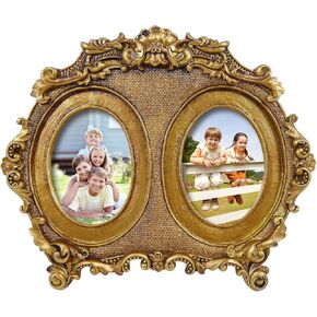 Vintage Double Picture Frame 2.5x3.5, Gold 2-Opening Oval Photo Frames Horizontal for Family Portraits, Antique Style Home Office Shelf Desk Décor in Kuwait