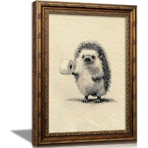 Vintage Gold Framed Fun Bathroom Wall Art Hedgehog Holding Toilet Paper Painting Canvas Prints Vintage Animals Picture Wall Decor Interesting Restroom Poster Artwork For Bathroom Home Decor in Saudi Arabia