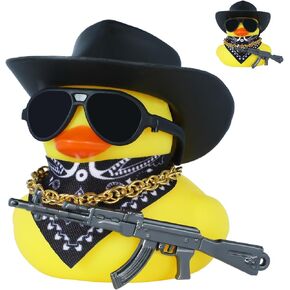 1pc Black Gangster Rubber Duck Car Accessories with Cowboy Hat, Sunglasses, Bandana & AK47 Toy, Funny Squeaky Duck Decor for Car Dashboard, Office, Home - Stress Reliever Gift in Kuwait