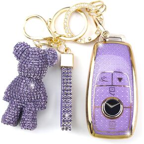 Cute Key Fob Cover with Rhinestone Bear Charm, Bling TPU Smart Key Case for Women, Compatible with Benz A C E S G GLA GLC GLE GLS CLA CLS GT (4-Button, Purple-Gold) in Kuwait