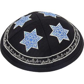 كيباه قطنية عالية الجودة مقاس 19 سم مع تطريز نجمة داود الفضية والزرقاء للرجال والأولاد، قبعة ياماكا من إسرائيل (قاعدة سوداء) in Kuwait