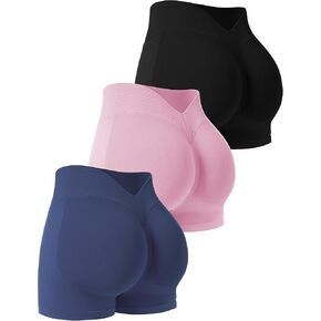 3 قطع من شورتات التمارين الرياضية النسائية ذات الخصر العالي لرفع المؤخرة واليوجا بدون خياطة للنساء مع قصة على شكل حرف V من الخلف in Kuwait