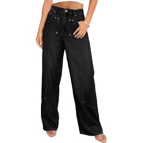 Sidefeel Women's Wide Leg Jeans High Waisted Stretchy Seamed Panel Denim Pants in Kuwait