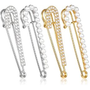 4 Pcs Decorative Safety Pins, Brooche Pins Sweater Shawl Clips Artificial Crystal Pearl Scarf Pins and Clips Elegant Pants Waist Tightener for Dress Skirt Shirt Jeans Costume Decoration in Kuwait