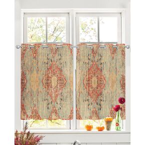 Geometric Boho Sheer Curtains 39 Inch Length 2 Panels Set, Grommet Kitchen Curtains Sheer Window Curtain for Living Room Bedroom Light & Airy Privacy Drapes Rustic Bohemian Floral Tribal Orange in Kuwait