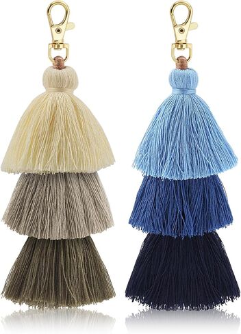 2Pcs Colorful Tassel Keychain Boho Pom Pom Keychains Tassel Bag Charm Handmade Bohemian Layered Fringe Key Ring for Car Key Chain Jewelry Decoration DIY Projects(Blue, Khaki) in Saudi Arabia