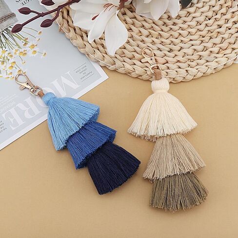 2Pcs Colorful Tassel Keychain Boho Pom Pom Keychains Tassel Bag Charm Handmade Bohemian Layered Fringe Key Ring for Car Key Chain Jewelry Decoration DIY Projects(Blue, Khaki) in Saudi Arabia