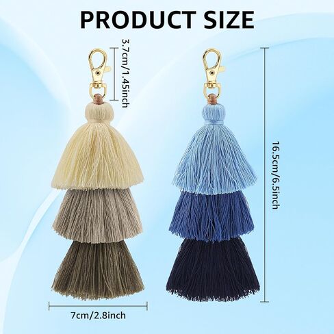 2Pcs Colorful Tassel Keychain Boho Pom Pom Keychains Tassel Bag Charm Handmade Bohemian Layered Fringe Key Ring for Car Key Chain Jewelry Decoration DIY Projects(Blue, Khaki) in Saudi Arabia