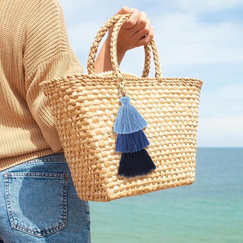 2Pcs Colorful Tassel Keychain Boho Pom Pom Keychains Tassel Bag Charm Handmade Bohemian Layered Fringe Key Ring for Car Key Chain Jewelry Decoration DIY Projects(Blue, Khaki) in Saudi Arabia
