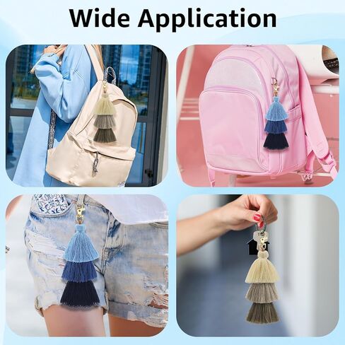 2Pcs Colorful Tassel Keychain Boho Pom Pom Keychains Tassel Bag Charm Handmade Bohemian Layered Fringe Key Ring for Car Key Chain Jewelry Decoration DIY Projects(Blue, Khaki) in Saudi Arabia