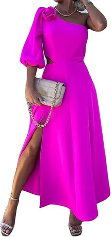 المرأة مثير كم طويل واحد الكتف 3D زهرة Bodycon سبليت الصلبة حزب Clubwear اللباس in Kuwait