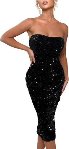 Joyfunear Women's Sequin Sparkle Glitter Strapless Sleeveless Split Bodycon Midi Formal Wedding Guest Cocktail Party Dress in Kuwait