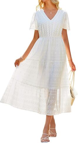 GRACE KARIN Summer Women's Maxi Dress Flowy V-Neck Short Sleeve Bohemian Beach Sundress Casual Tiered Long Dresses for Women in Kuwait