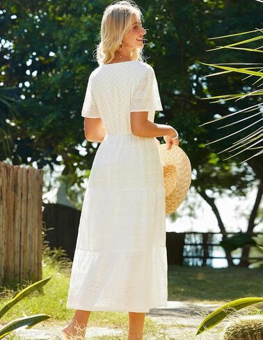 GRACE KARIN Summer Women's Maxi Dress Flowy V-Neck Short Sleeve Bohemian Beach Sundress Casual Tiered Long Dresses for Women in Kuwait