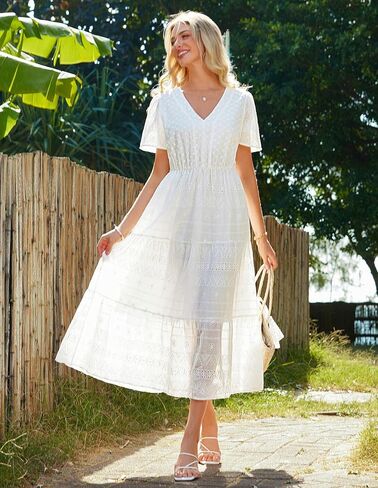 GRACE KARIN Summer Women's Maxi Dress Flowy V-Neck Short Sleeve Bohemian Beach Sundress Casual Tiered Long Dresses for Women in Kuwait