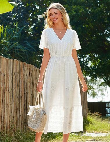 GRACE KARIN Summer Women's Maxi Dress Flowy V-Neck Short Sleeve Bohemian Beach Sundress Casual Tiered Long Dresses for Women in Kuwait