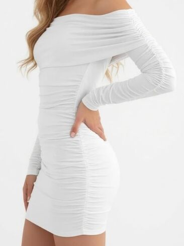 Women's Shoulder Long Sleeve Bodycon Dress Ruched Slim Fit Elegant Mini Dress for Fall Winter Evening Party in Saudi Arabia