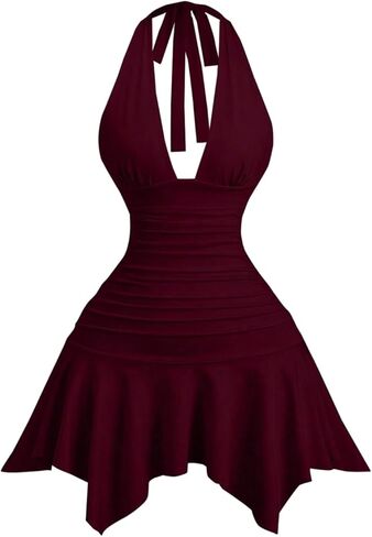 GORGLITTER Women's Halter Dress Ruched Tie Backless Asymmetrical A Line Deep V Sexy Club Party Mini Dresses in Saudi Arabia