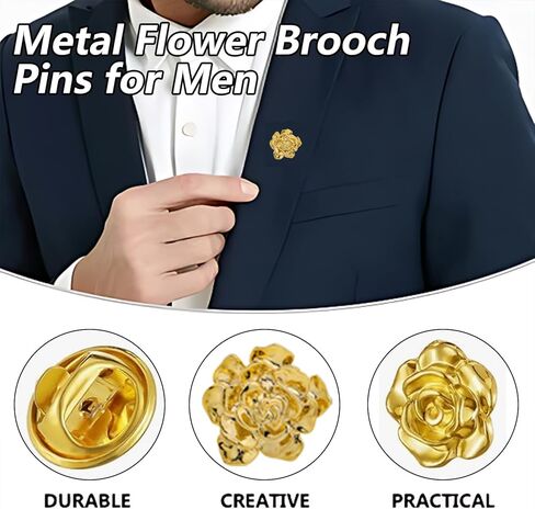 دبوس بروش ذهبي، دبابيس طية صدر السترة على شكل زهرة للرجال، دبابيس وردية وإكسسوارات البدلة، دبابيس معدنية للرجال، بدلات الزفاف، الذكرى السنوية لأعياد الميلاد، دبوس كلاسيكي لطية صدر السترة للملابس الرسمية in Kuwait