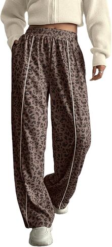 بنطال رياضي نسائي بأرجل واسعة وألوان متباينة وطباعة جلد الفهد وخصر مطاطي كاجوال للركض مع جيوب in Kuwait