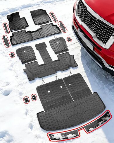 Floor Mats & Backrest & Cargo Mat for Kia Telluride 2020-2025（7&8 Seats: Full Coverage Car Liner Set, All Weather Protector Heavy Duty TPE Automotive Interior Accessories 2024 2023 2022 2021 in Kuwait