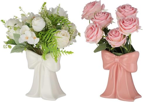 2 PCS Pink Bow Ceramic Vases, Coquette Bud Vase Set in Pink and White, Small Centerpiece Table Decor, Cute Ribbon Design for Flowers, Makeup Brush or Pen Holder, Home Office Wedding in Kuwait