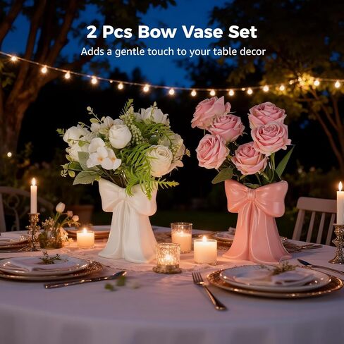 2 PCS Pink Bow Ceramic Vases, Coquette Bud Vase Set in Pink and White, Small Centerpiece Table Decor, Cute Ribbon Design for Flowers, Makeup Brush or Pen Holder, Home Office Wedding in Kuwait