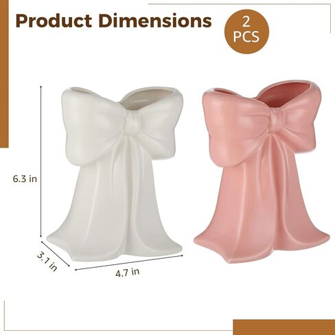 2 PCS Pink Bow Ceramic Vases, Coquette Bud Vase Set in Pink and White, Small Centerpiece Table Decor, Cute Ribbon Design for Flowers, Makeup Brush or Pen Holder, Home Office Wedding in Kuwait