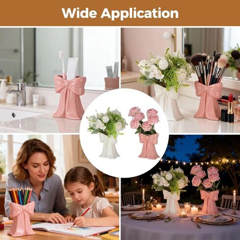 2 PCS Pink Bow Ceramic Vases, Coquette Bud Vase Set in Pink and White, Small Centerpiece Table Decor, Cute Ribbon Design for Flowers, Makeup Brush or Pen Holder, Home Office Wedding in Kuwait