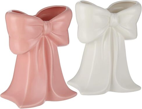 2 PCS Pink Bow Ceramic Vases, Coquette Bud Vase Set in Pink and White, Small Centerpiece Table Decor, Cute Ribbon Design for Flowers, Makeup Brush or Pen Holder, Home Office Wedding in Kuwait