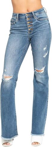 Judy Blue Womens Jeans - Mid Rise Button Fly Flare W/Destroy Fray Hem in Saudi Arabia