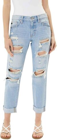 Kan Can Women's Mid Rise Distressed Boyfriend Jeans - KC8644 in Saudi Arabia