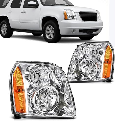 قطعتان من مجموعة المصابيح الأمامية لسيارة جي إم سي يوكون 2007-2014 لسيارة جي إم سي يوكون XL 1500 2007-2014 لسيارة جي إم سي يوكون XL 2500 2007-2013 غطاء كروم كهرماني عاكس عدسة شفافة استبدال 15861025 - المصابيح غير متضمنة in Kuwait