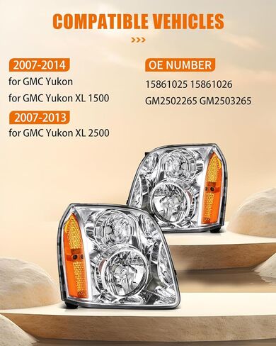 قطعتان من مجموعة المصابيح الأمامية لسيارة جي إم سي يوكون 2007-2014 لسيارة جي إم سي يوكون XL 1500 2007-2014 لسيارة جي إم سي يوكون XL 2500 2007-2013 غطاء كروم كهرماني عاكس عدسة شفافة استبدال 15861025 - المصابيح غير متضمنة in Kuwait