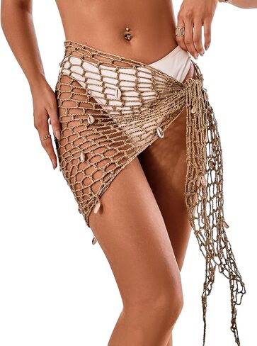 Sexy Crochet Seashells Triangle Fishnet Cutout Skirt Beach Bathing Suit Swim Coverup One Piece Set in Kuwait