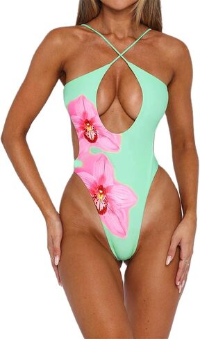 بدلة سباحة نسائية مثيرة من قطعة واحدة متقاطعة ورقبة رسن بدون ظهر بدلة استحمام ذات قصة عالية مونوكيني صفيق in Kuwait