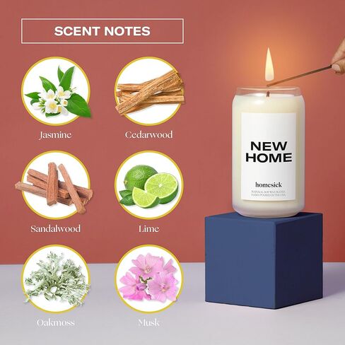 شموع معطرة بالحنين إلى الوطن للمنزل (المنزل الجديد) - 13.75 أونصة من مزيج شمع الصويا طويل الأمد للتدفئة بالمنزل الجديد، وقت حرق 60-80 ساعة - روائح الياسمين وخشب الأرز والليمون وخشب الصندل وطحلب البلوط والمسك in Kuwait