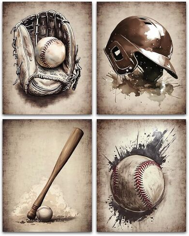 Baseball Canvas Wall Art Prints,Vintage Brown Baseball Prints,Baseball Prints Boys Room Decor,Baseball Sport,Baseball Wall Decor,for Men Kids Teenagers Set of 4(8"x10"Unframed) in Saudi Arabia