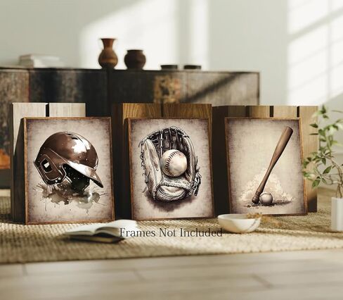 Baseball Canvas Wall Art Prints,Vintage Brown Baseball Prints,Baseball Prints Boys Room Decor,Baseball Sport,Baseball Wall Decor,for Men Kids Teenagers Set of 4(8"x10"Unframed) in Saudi Arabia