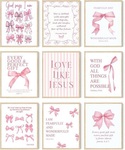 9Pcs Coquette Pink Bow Wall Art Inspirational Bible Verses Canvas Wall Decor Jesus Christian Posters Prints Pink Bow Room Bedroom Dorm Pictures for College Teen Girls Gifts 8X10in Unframed in Saudi Arabia