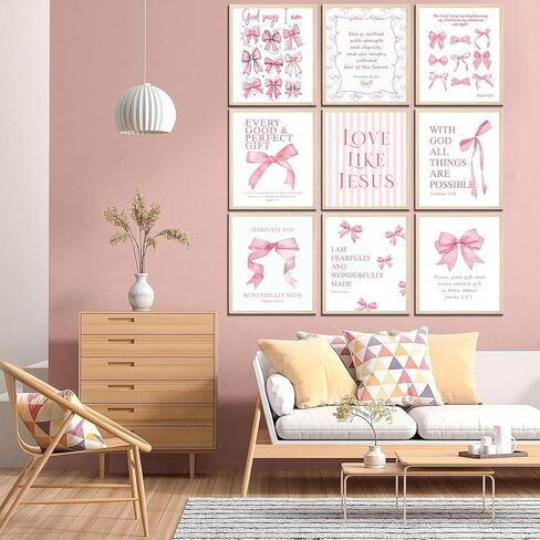 9Pcs Coquette Pink Bow Wall Art Inspirational Bible Verses Canvas Wall Decor Jesus Christian Posters Prints Pink Bow Room Bedroom Dorm Pictures for College Teen Girls Gifts 8X10in Unframed in Saudi Arabia