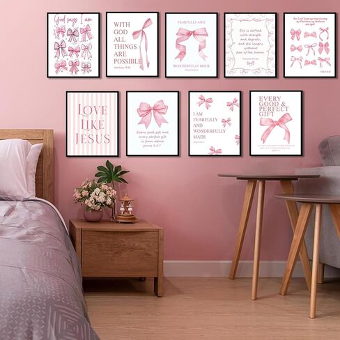 9Pcs Coquette Pink Bow Wall Art Inspirational Bible Verses Canvas Wall Decor Jesus Christian Posters Prints Pink Bow Room Bedroom Dorm Pictures for College Teen Girls Gifts 8X10in Unframed in Saudi Arabia