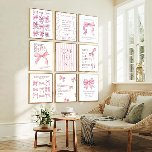 9Pcs Coquette Pink Bow Wall Art Inspirational Bible Verses Canvas Wall Decor Jesus Christian Posters Prints Pink Bow Room Bedroom Dorm Pictures for College Teen Girls Gifts 8X10in Unframed in Saudi Arabia