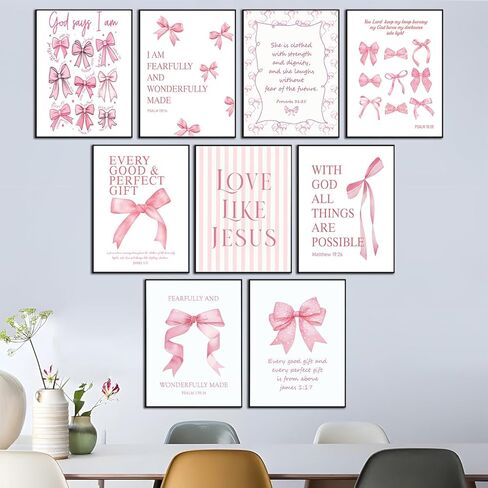 9Pcs Coquette Pink Bow Wall Art Inspirational Bible Verses Canvas Wall Decor Jesus Christian Posters Prints Pink Bow Room Bedroom Dorm Pictures for College Teen Girls Gifts 8X10in Unframed in Saudi Arabia