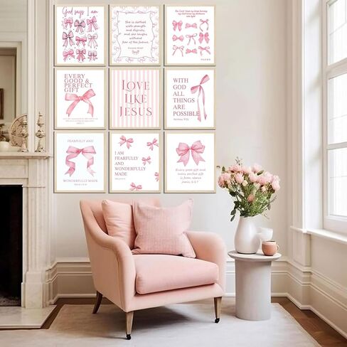 9Pcs Coquette Pink Bow Wall Art Inspirational Bible Verses Canvas Wall Decor Jesus Christian Posters Prints Pink Bow Room Bedroom Dorm Pictures for College Teen Girls Gifts 8X10in Unframed in Saudi Arabia