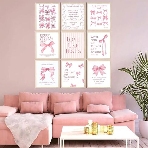 9Pcs Coquette Pink Bow Wall Art Inspirational Bible Verses Canvas Wall Decor Jesus Christian Posters Prints Pink Bow Room Bedroom Dorm Pictures for College Teen Girls Gifts 8X10in Unframed in Saudi Arabia